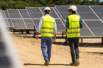 Collaborateurs marchant sur une allée au milieu d'une centrale photovoltaïque